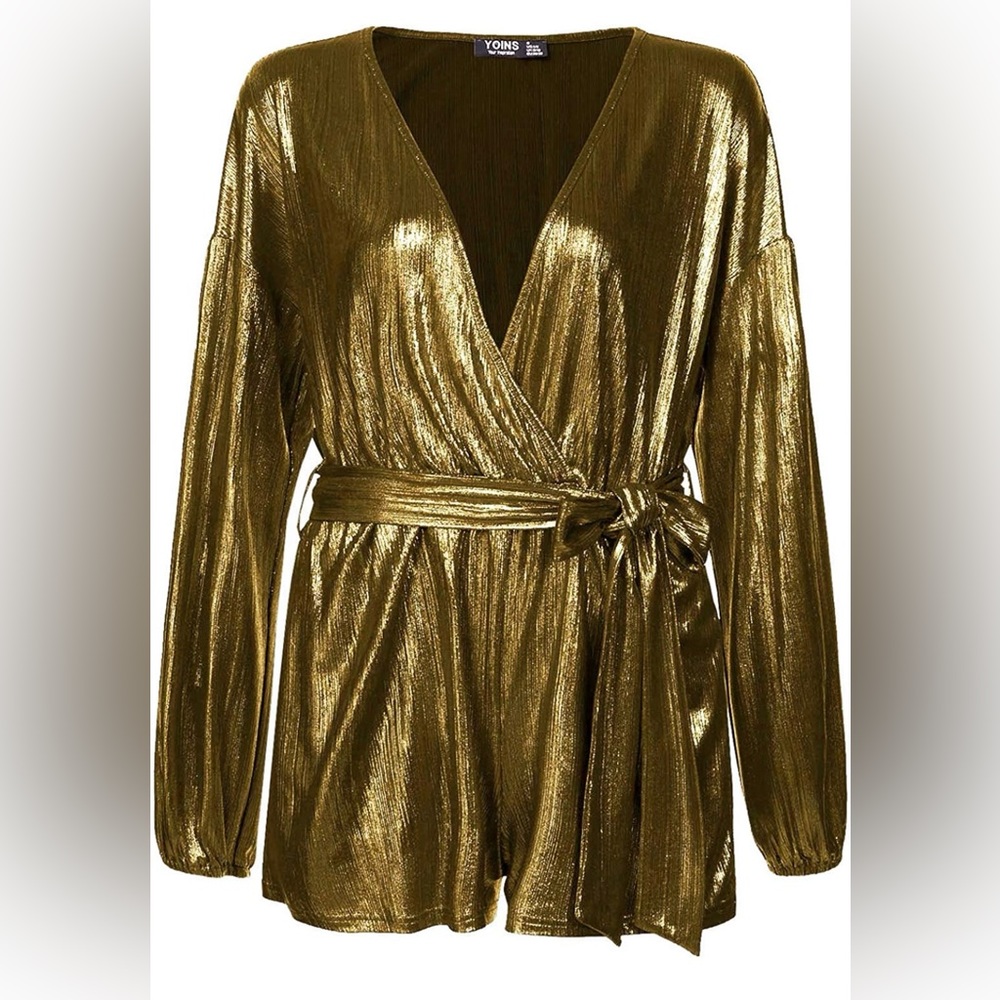 YOINS Long Sleeve Sparkle Metallic Romper